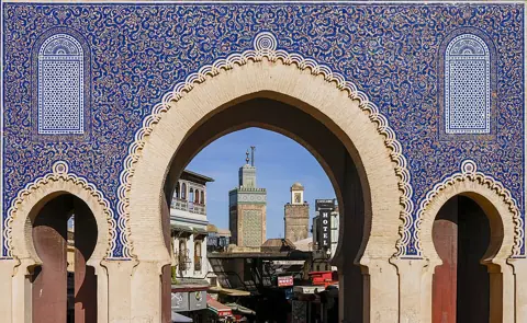 Fes, Morocco — Bab Bou Jeloud Frame Minaret Fes Nov25 A7CR 09127-8 HDR3
