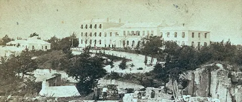 Hamilton, Bermuda — 1875 Hamilton Hotel from Burnaby & Reid Streets, Town of Hamilton, Pembroke, Bermuda by Kilburn Brothers