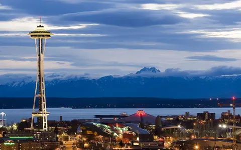 Seattle, United States — Seattle Center as night falls