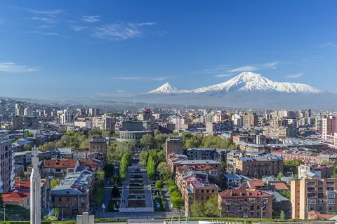 Kentron, Armenia — Mount Ararat and the Yerevan skyline in spring from the Cascade