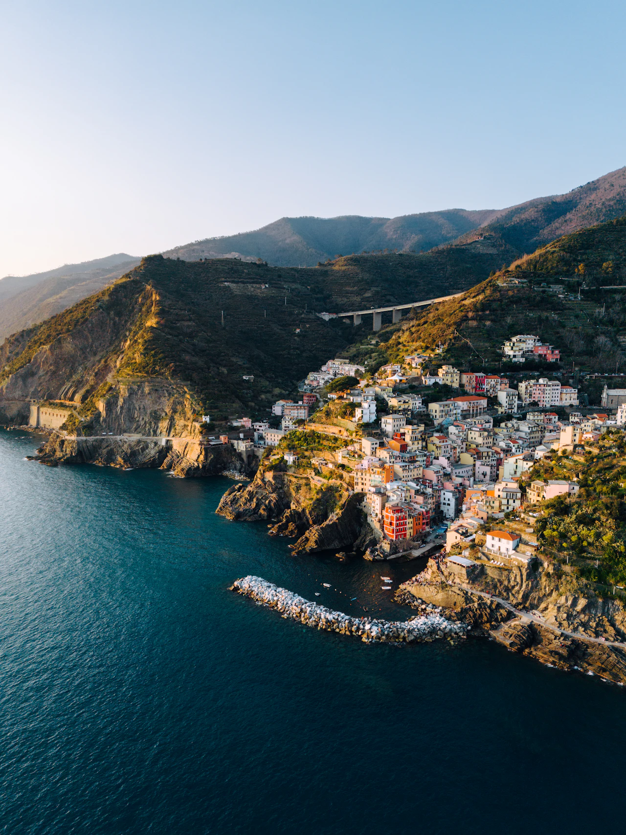 Colorful Riomaggiore buildings overlooking the sea in Cinque Terre, Italy